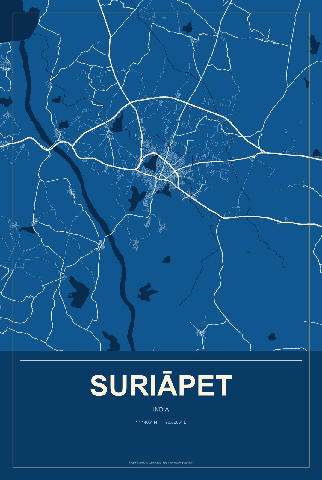 Suriāpet, India City Map Aluminum Sign in Harbor Cobalt style
