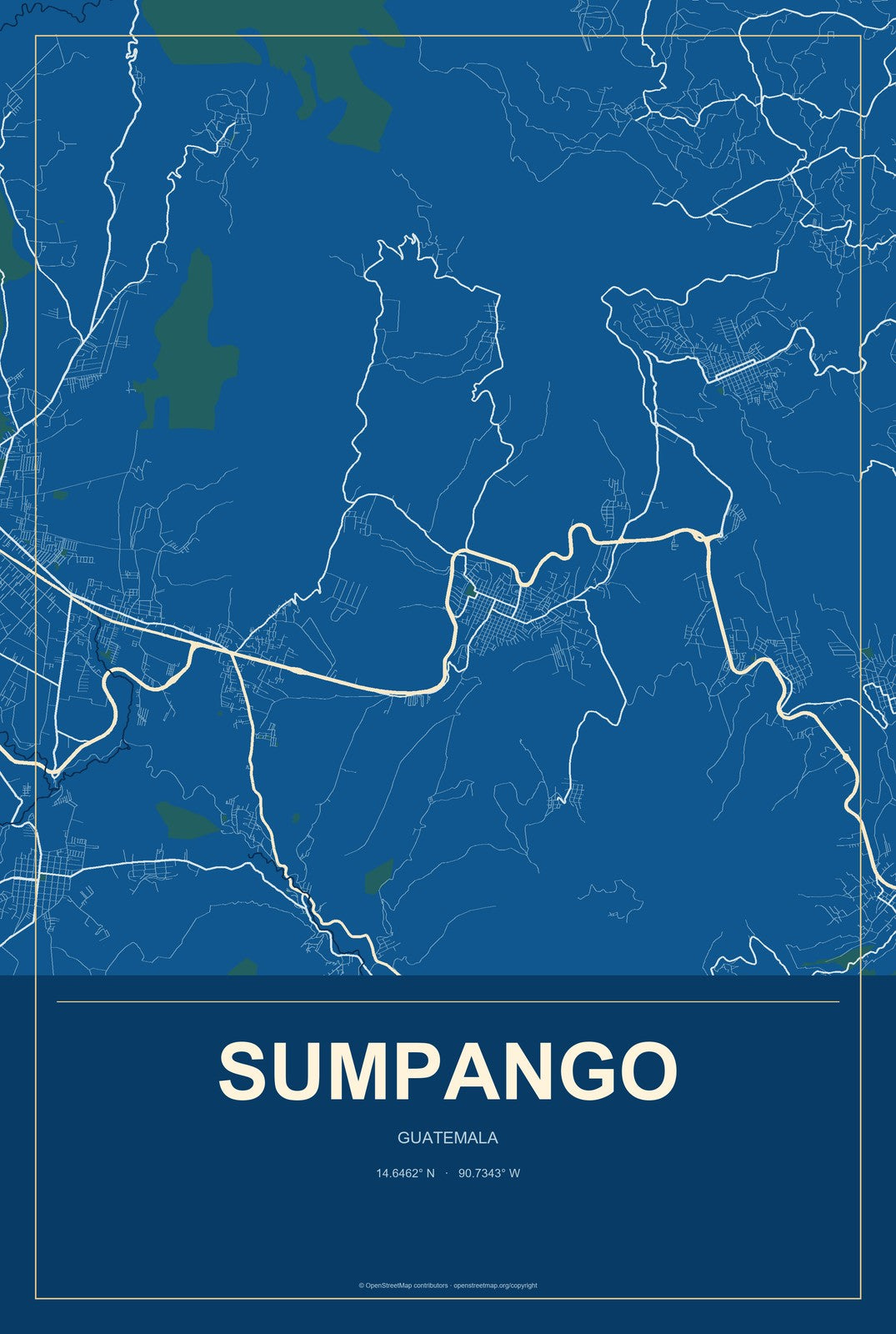 Sumpango, Guatemala City Map Aluminum Sign in Harbor Cobalt style