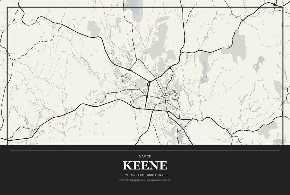 Keene, New Hampshire City Map Aluminum Sign in Museum Plaque style