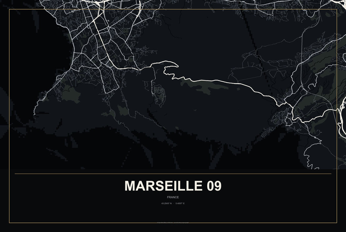 Marseille 09, France City Map Aluminum Sign in Metropolitan Noir style