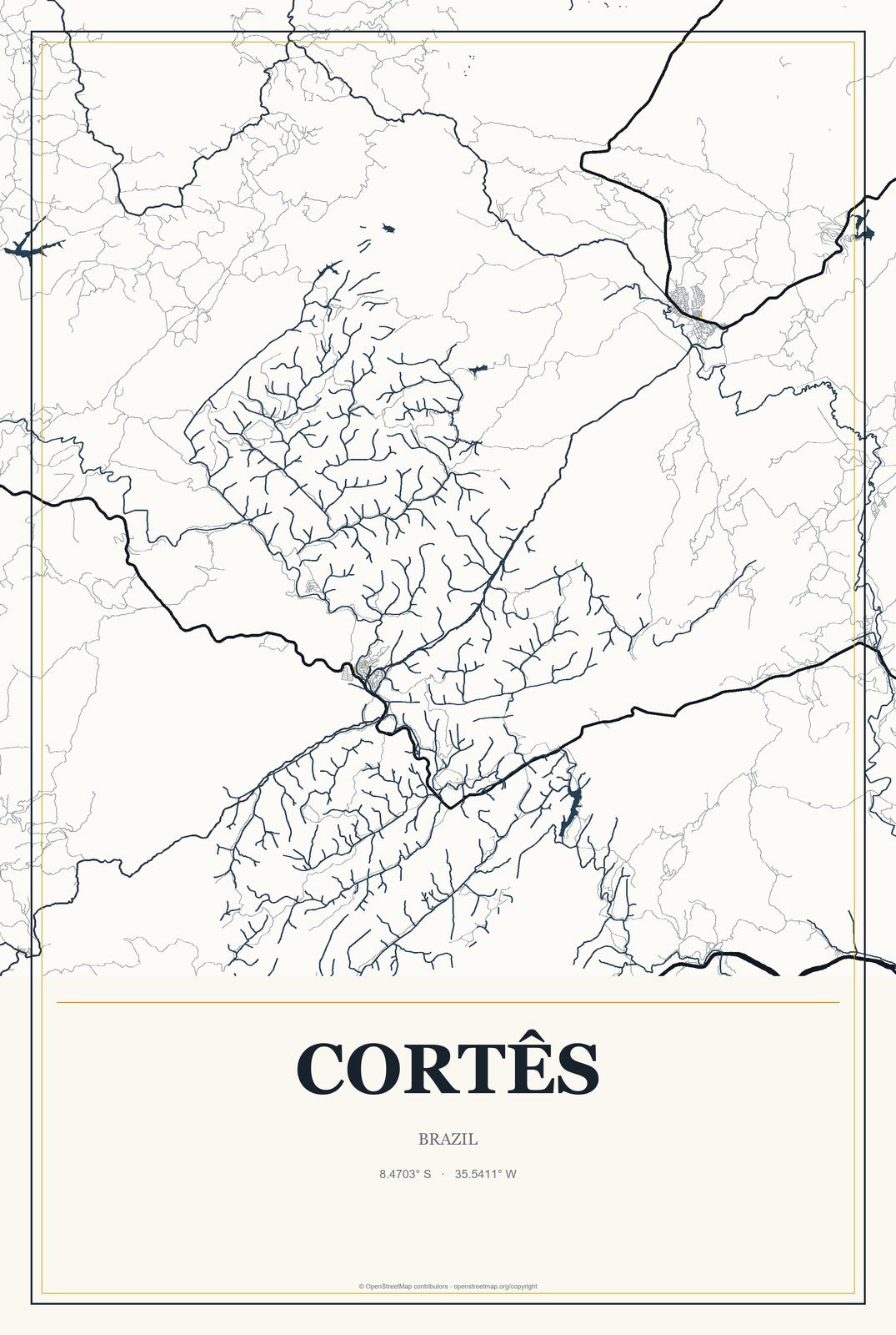 Cortês, Brazil City Map Aluminum Sign in Citrine Modern style