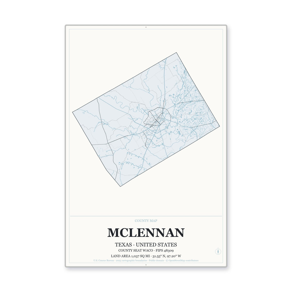 McLennan County, Texas Map Aluminum Sign in Gallery Air style