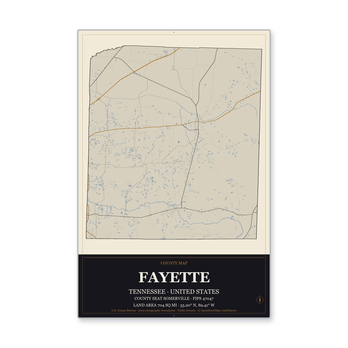 Fayette County, Tennessee Map Aluminum Sign in Museum Plaque style