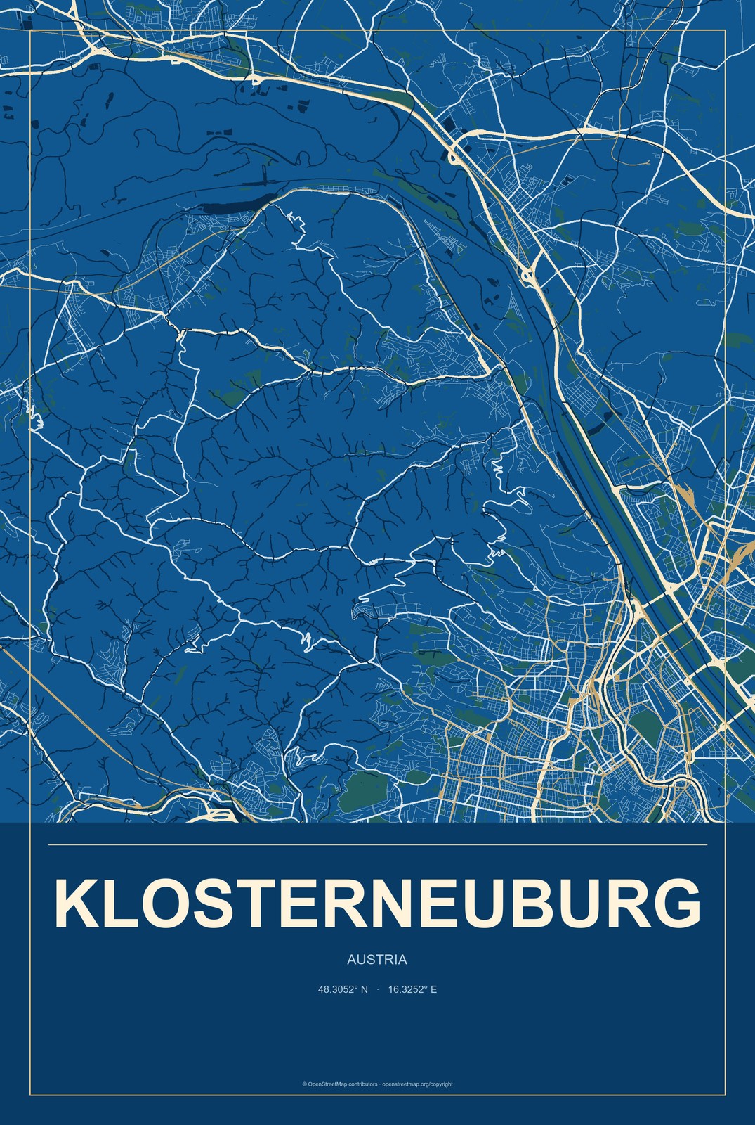 Klosterneuburg, Austria City Map Aluminum Sign in Harbor Cobalt style