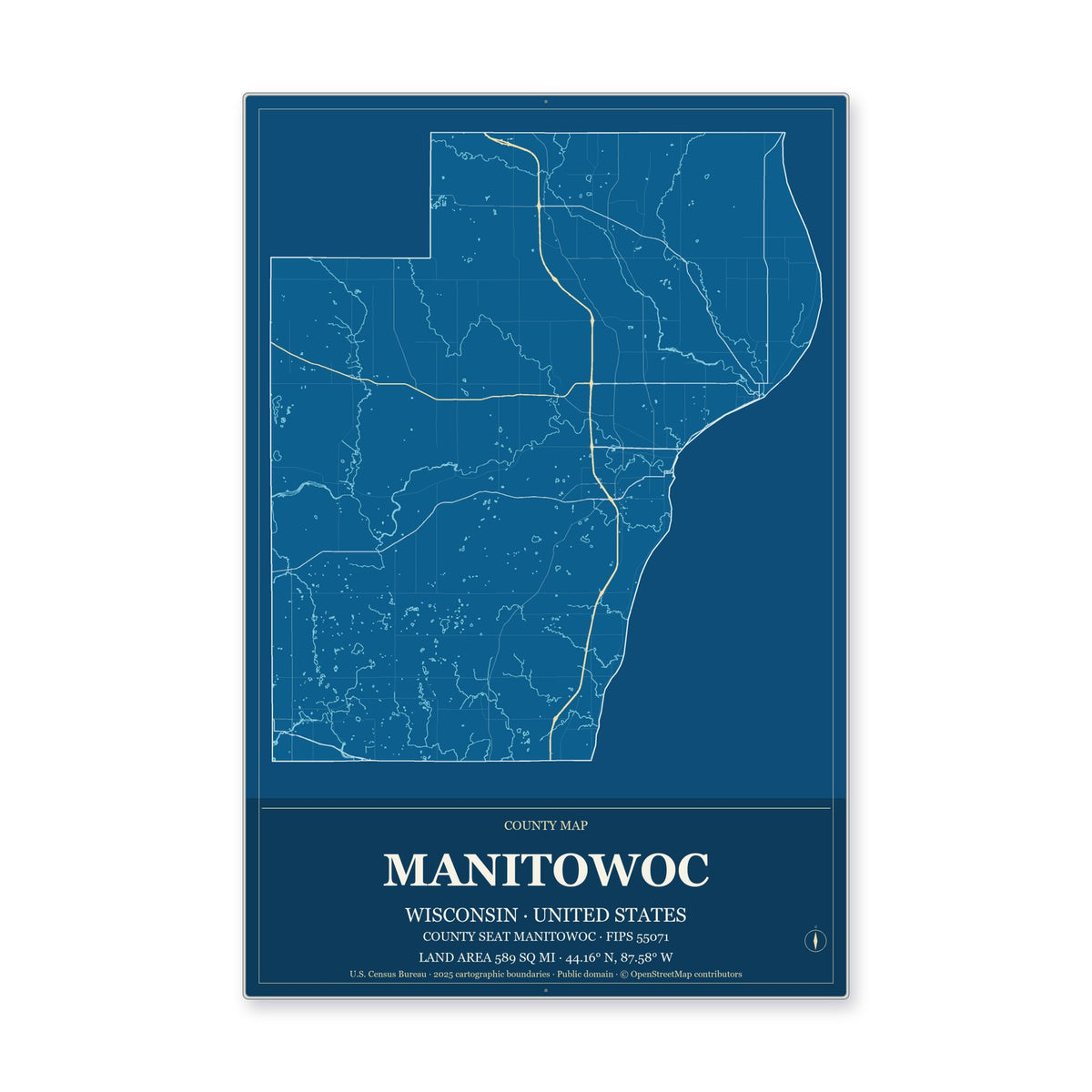 Manitowoc County, Wisconsin Map Aluminum Sign in Harbor Cobalt style