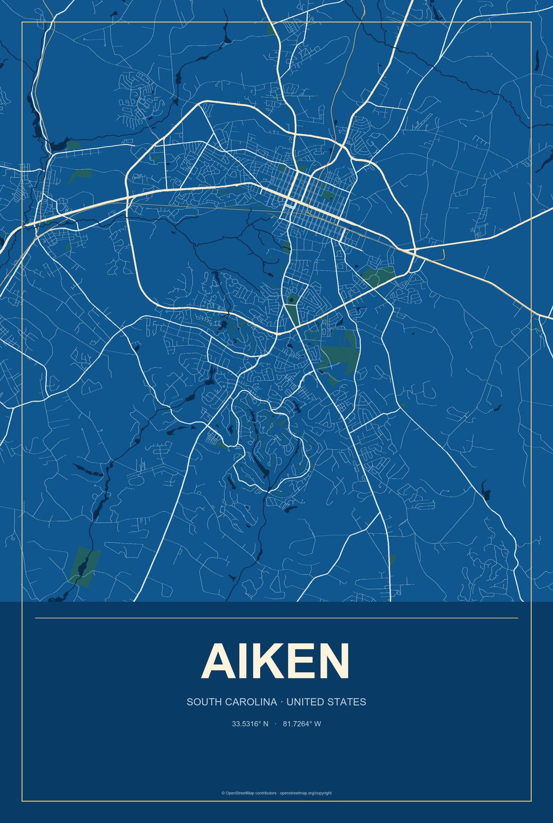 Aiken, South Carolina City Map Aluminum Sign in Harbor Cobalt style