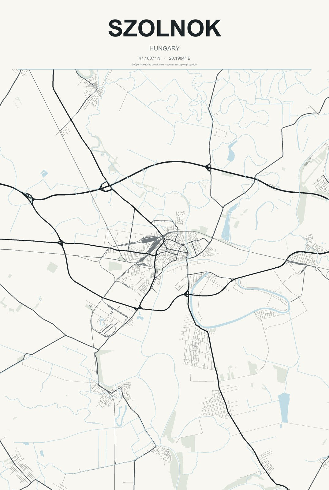 Szolnok, Hungary City Map Aluminum Sign in Headline Atlas style