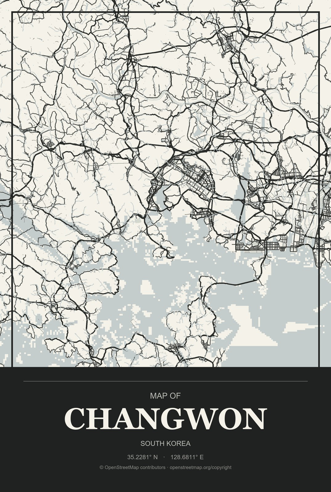 Changwon, South Korea City Map Aluminum Sign in Museum Plaque style