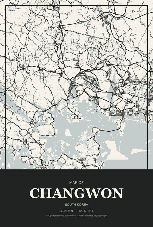 Changwon, South Korea City Map Aluminum Sign in Museum Plaque style