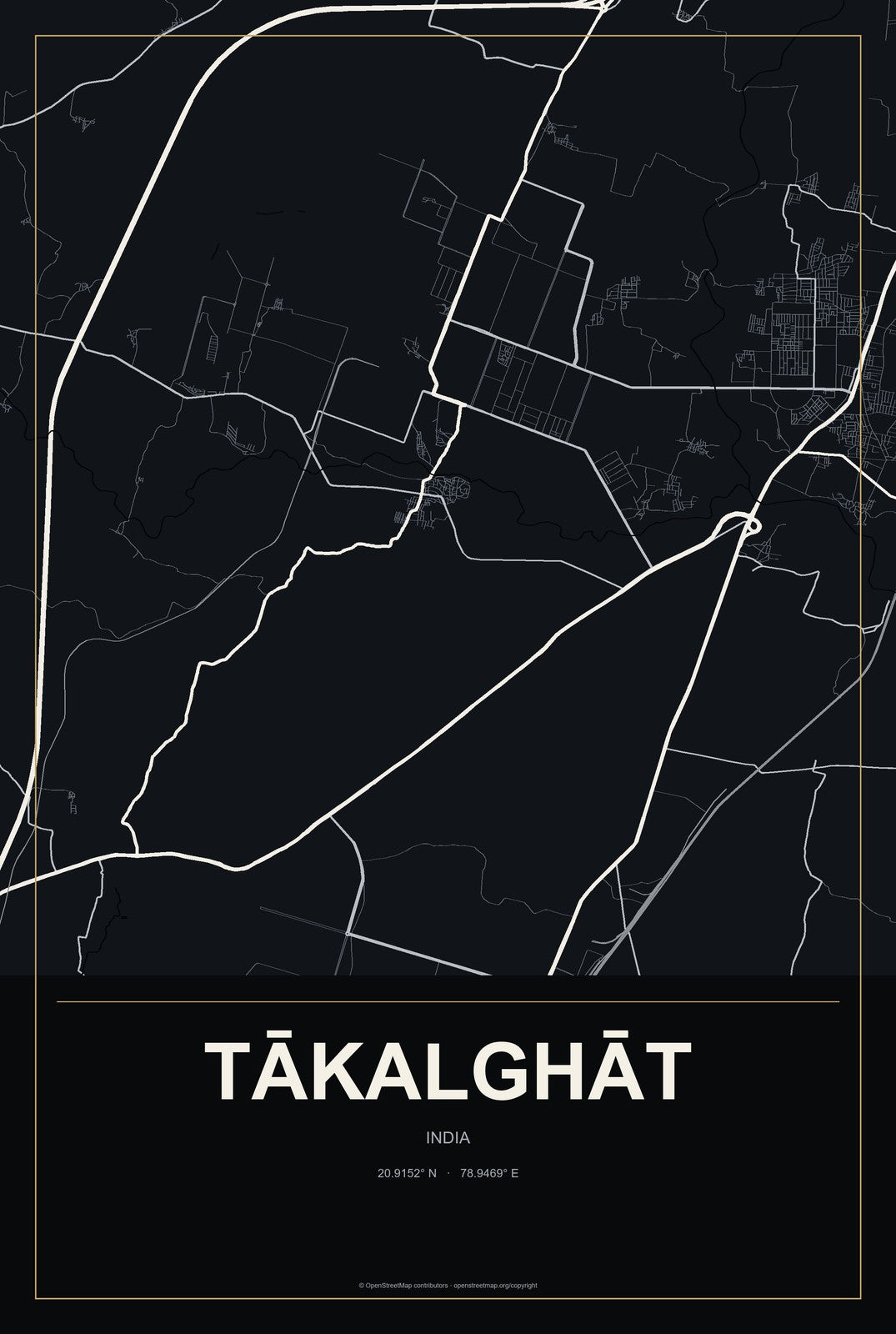 Tākalghāt, India City Map Aluminum Sign in Metropolitan Noir style