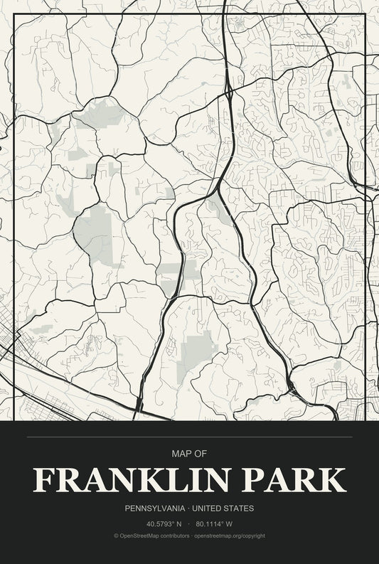 Franklin Park, Pennsylvania City Map Aluminum Sign in Museum Plaque style