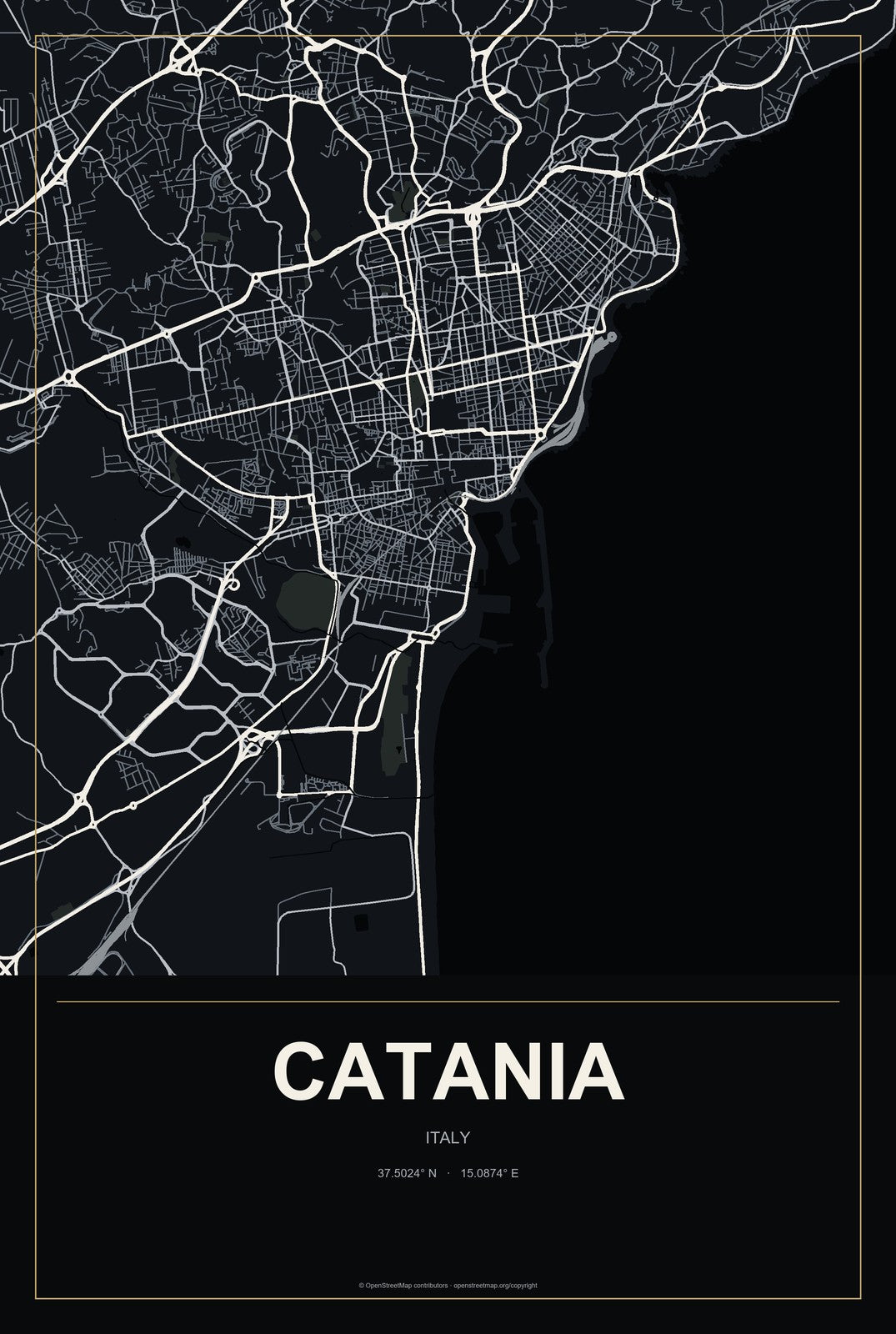 Catania, Italy City Map Aluminum Sign in Metropolitan Noir style