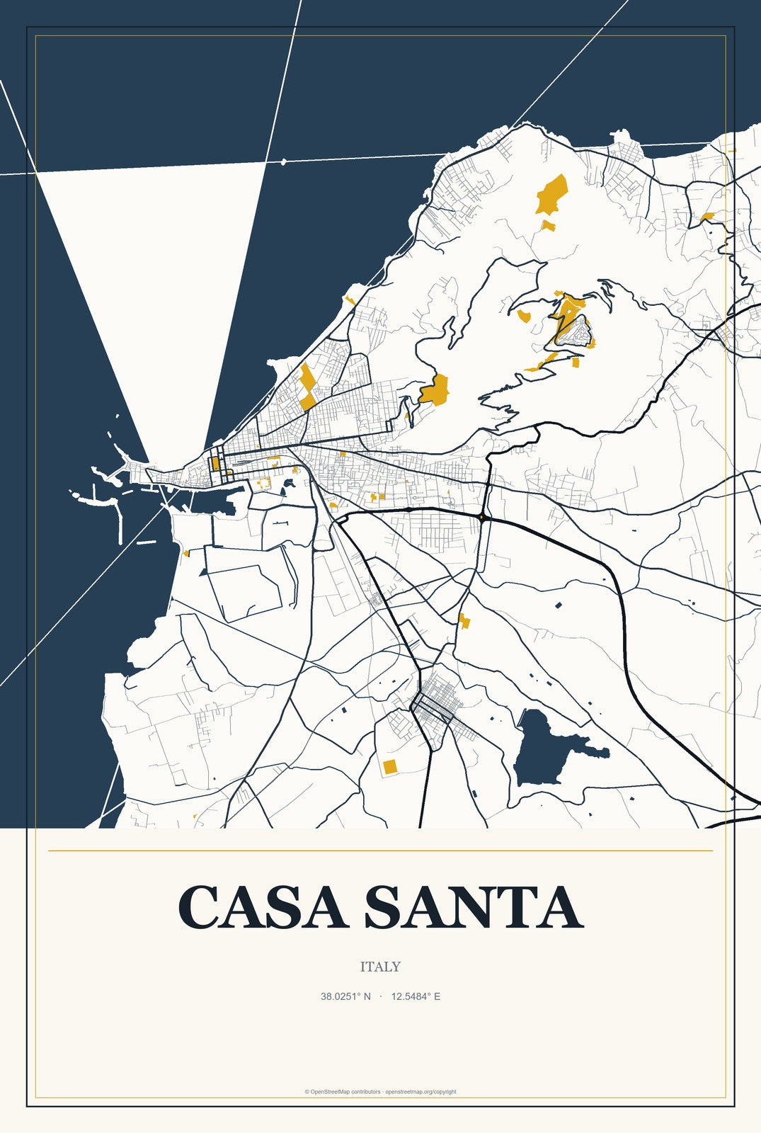 Casa Santa, Italy City Map Aluminum Sign in Citrine Modern style