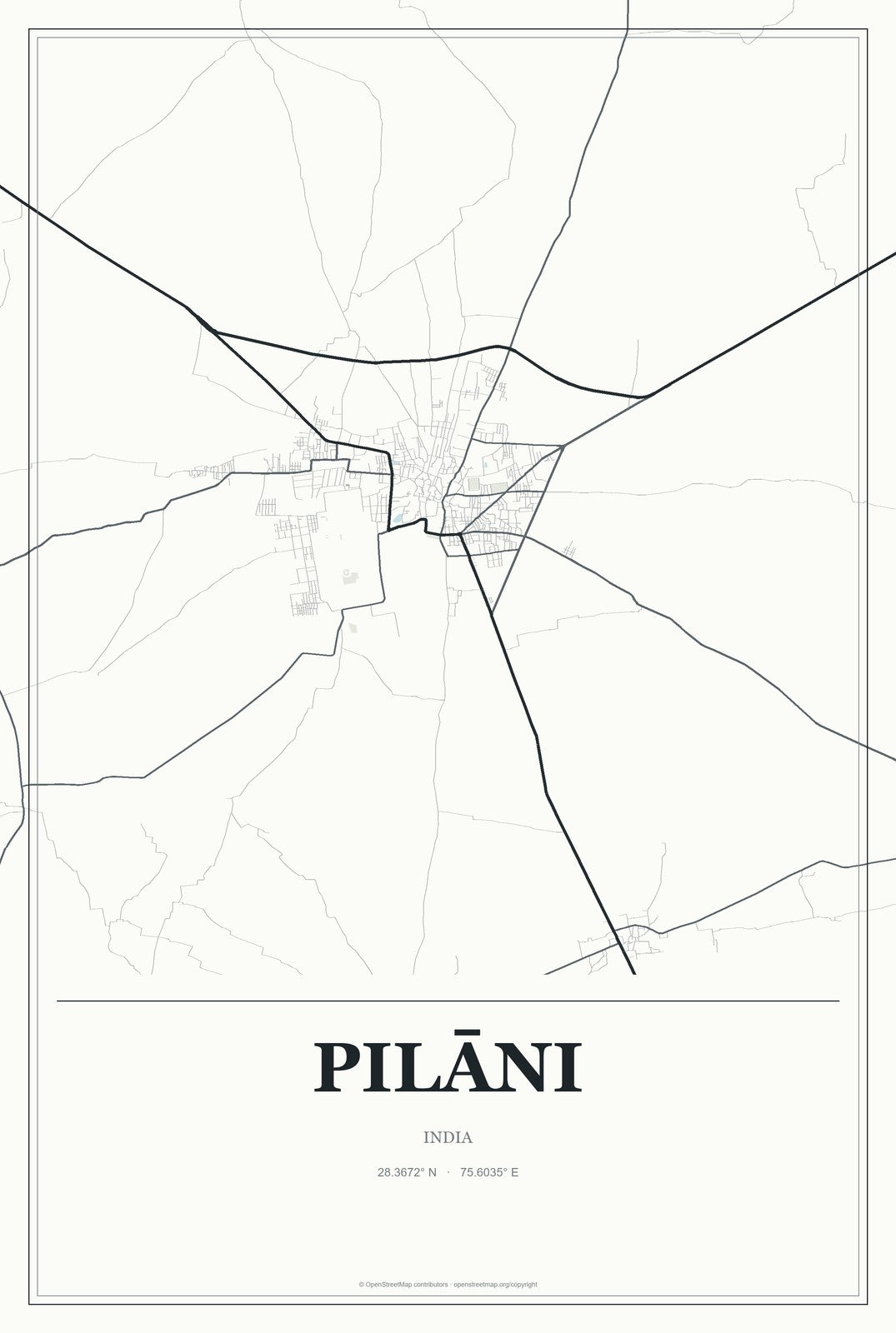 Pilāni, India City Map Aluminum Sign in Gallery Air style