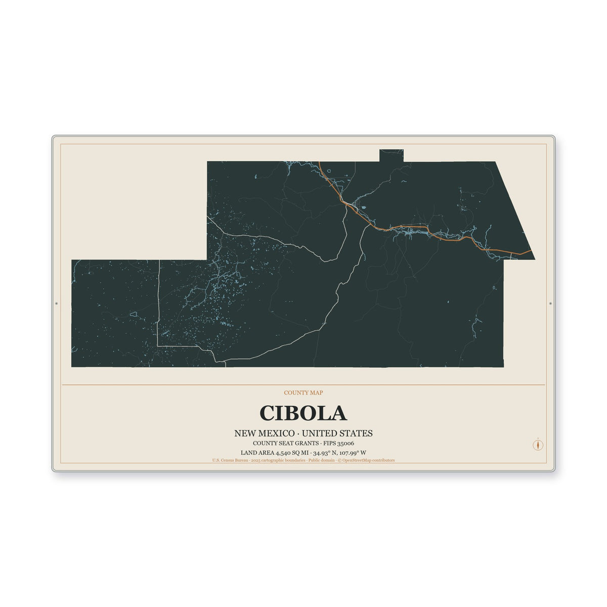 Cibola County, New Mexico Map Aluminum Sign in Headline Atlas style