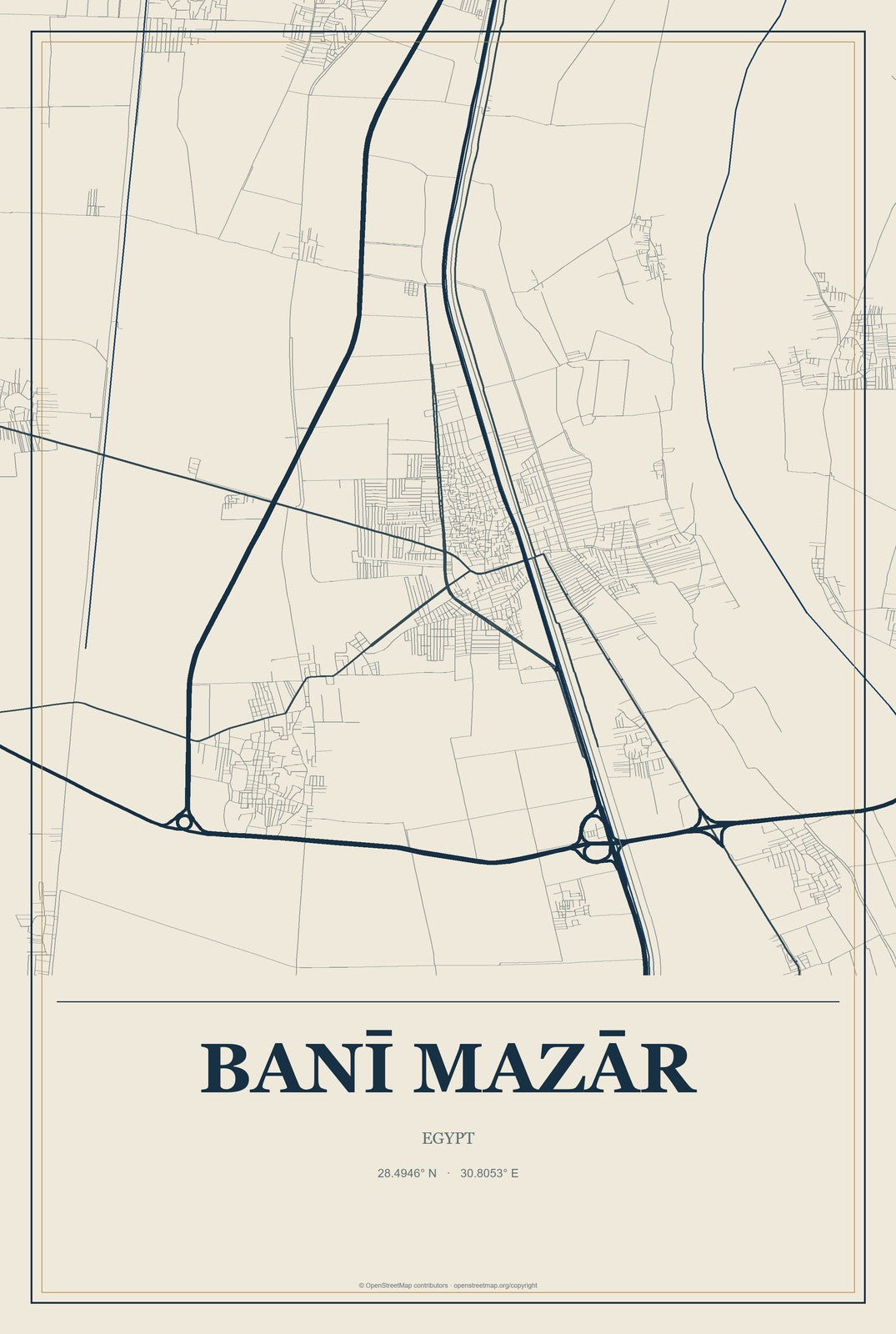 Banī Mazār, Egypt City Map Aluminum Sign in Coastal Cutout style