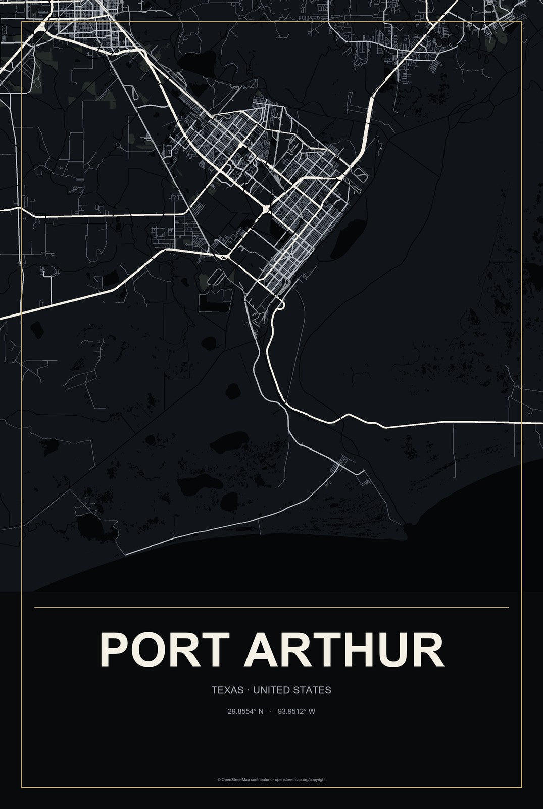 Port Arthur, Texas City Map Aluminum Sign in Metropolitan Noir style