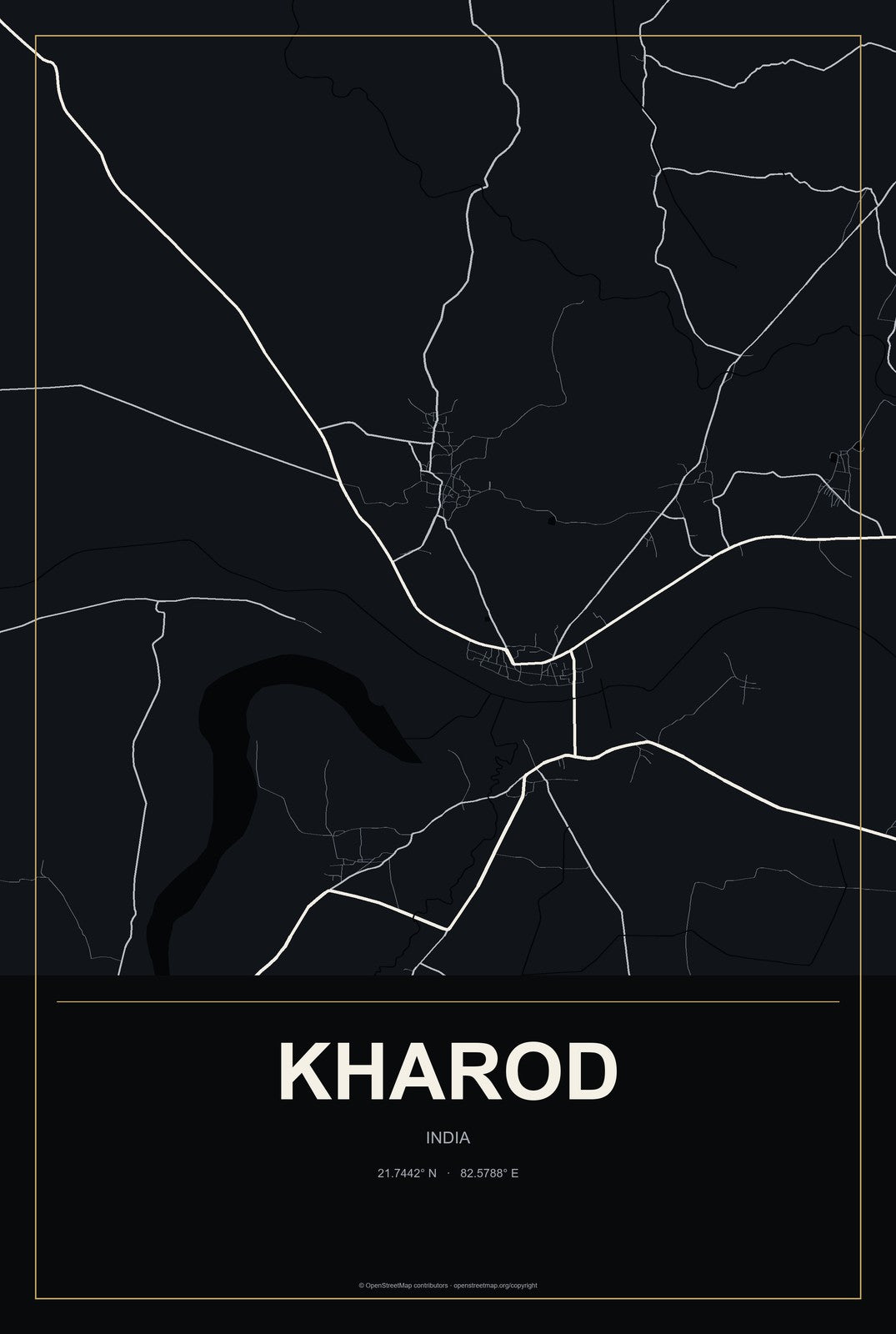 Kharod, India City Map Aluminum Sign in Metropolitan Noir style
