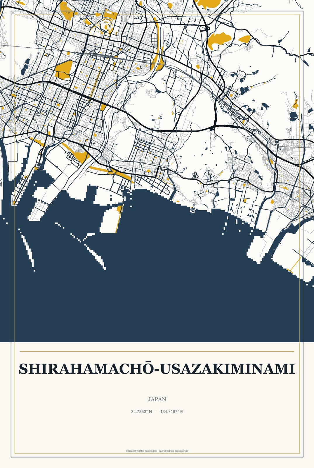 Shirahamachō-usazakiminami, Japan City Map Aluminum Sign in Citrine Modern style