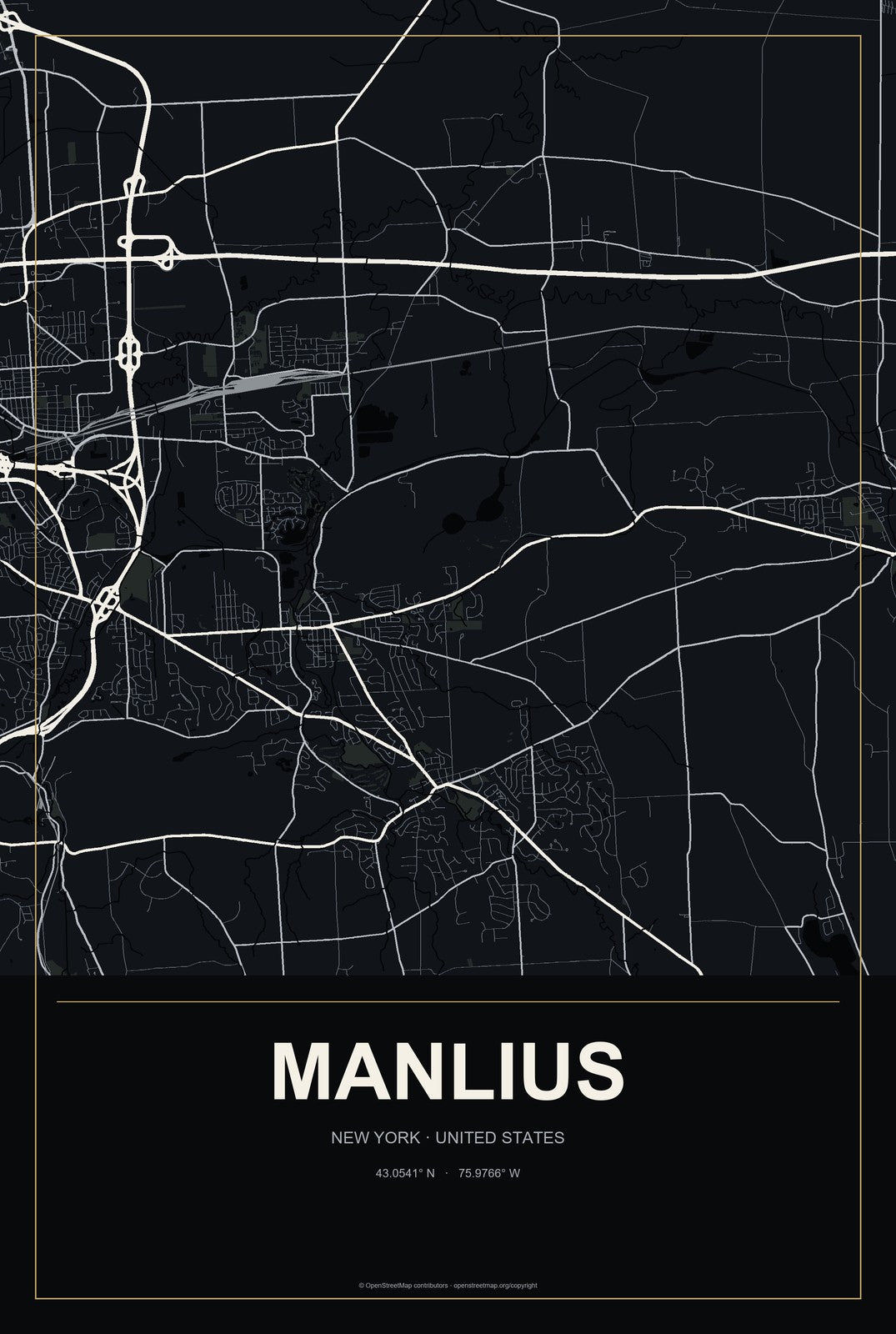 Manlius, New York City Map Aluminum Sign in Metropolitan Noir style