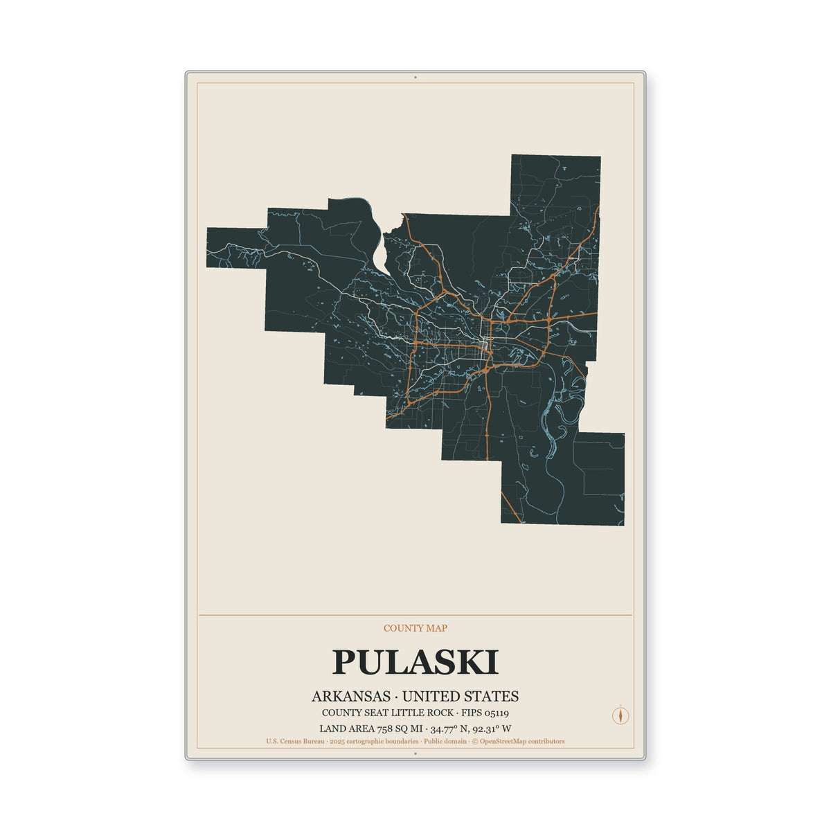 Pulaski County, Arkansas Map Aluminum Sign in Headline Atlas style
