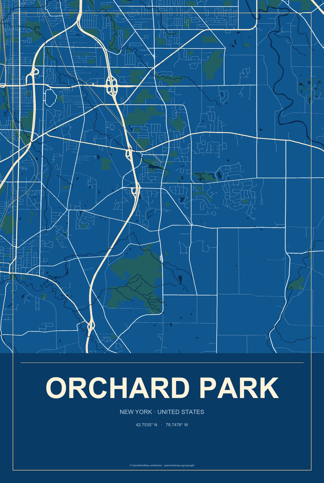 Orchard Park, New York City Map Aluminum Sign in Harbor Cobalt style