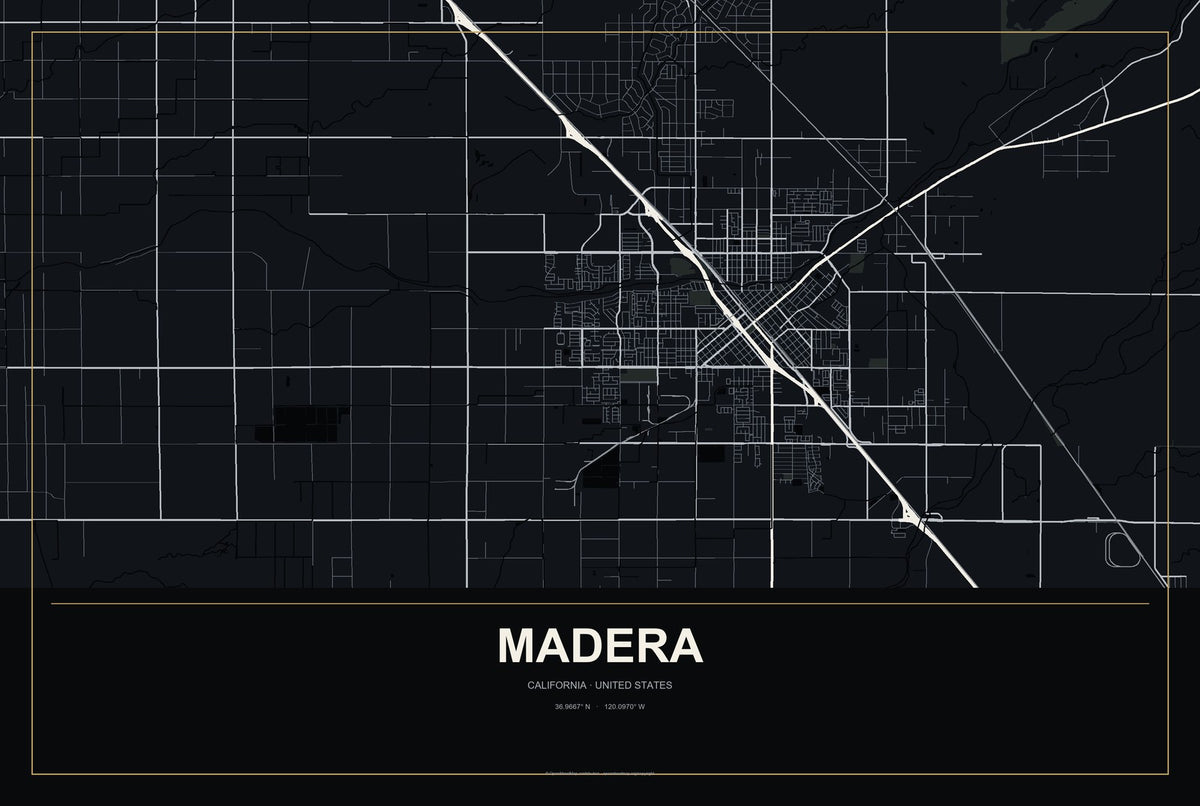 Madera, California City Map Aluminum Sign in Metropolitan Noir style