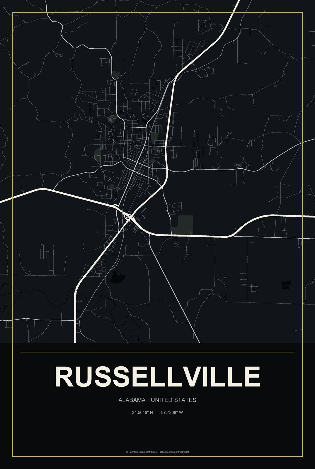 Russellville, Alabama City Map Aluminum Sign in Metropolitan Noir style