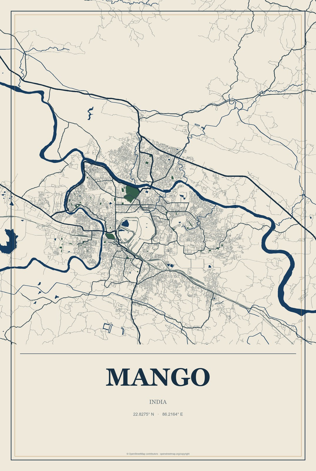 Mango, India City Map Aluminum Sign in Coastal Cutout style