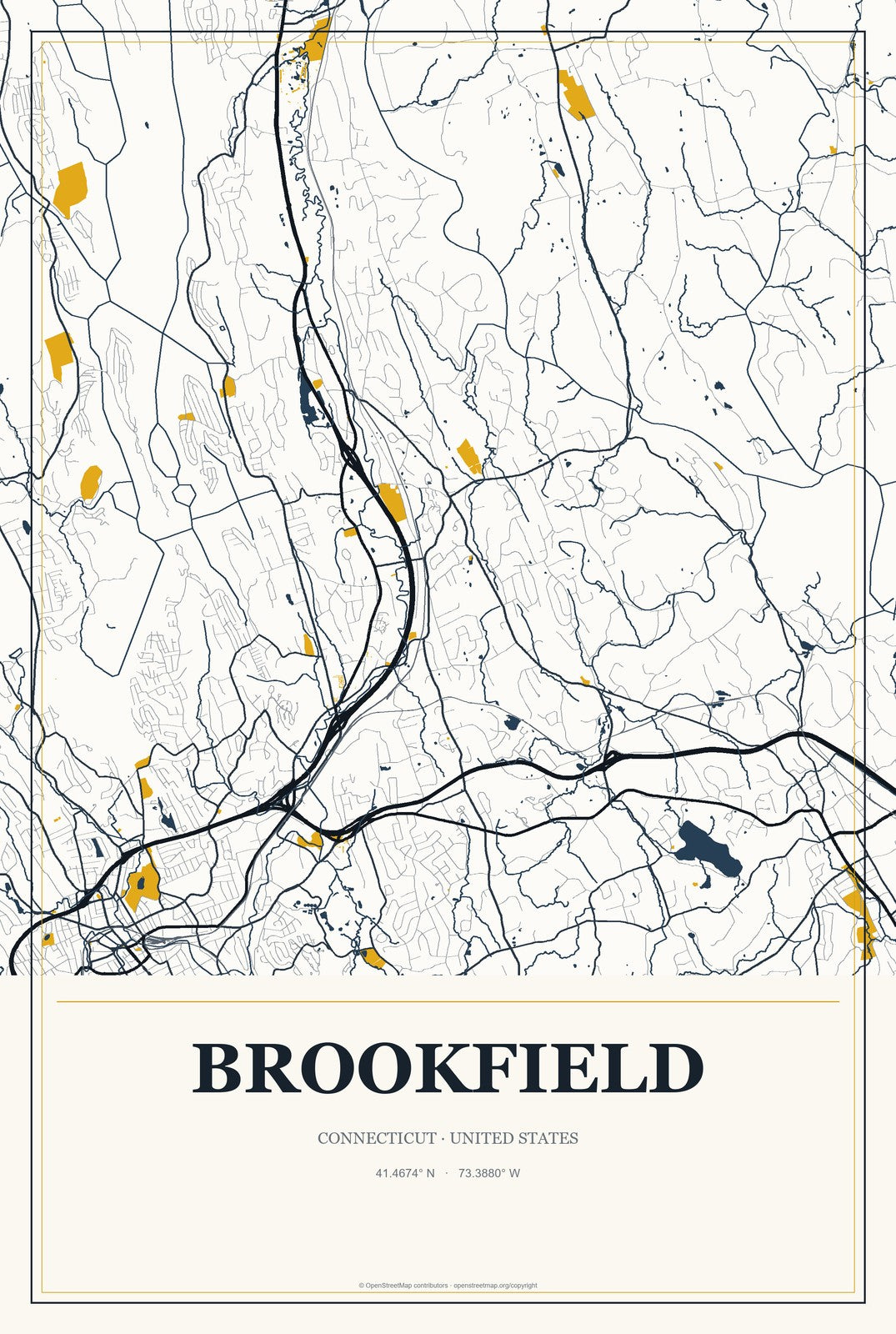 Brookfield, Connecticut City Map Aluminum Sign in Citrine Modern style