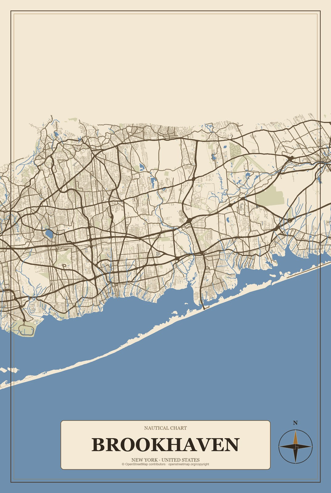 Brookhaven, New York City Map Aluminum Sign in Heritage Nautical style