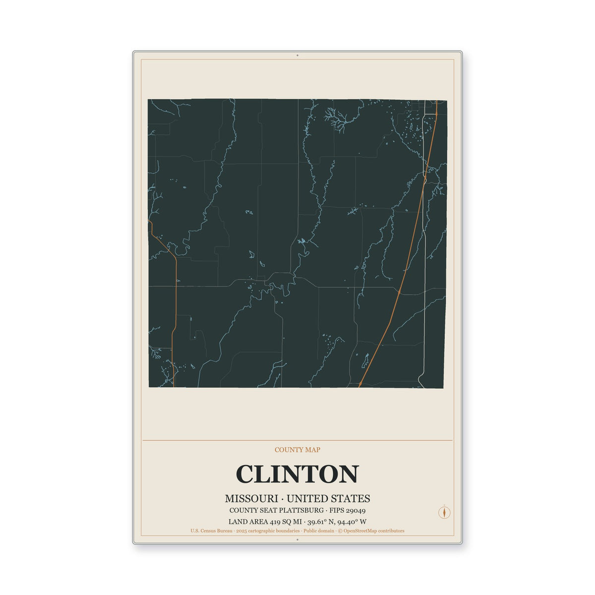 Clinton County, Missouri Map Aluminum Sign in Headline Atlas style