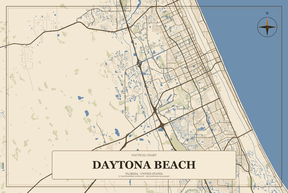 Daytona Beach, Florida City Map Aluminum Sign in Heritage Nautical style