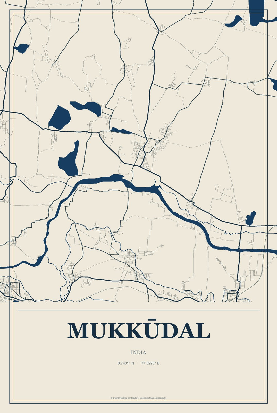 Mukkūdal, India City Map Aluminum Sign in Coastal Cutout style