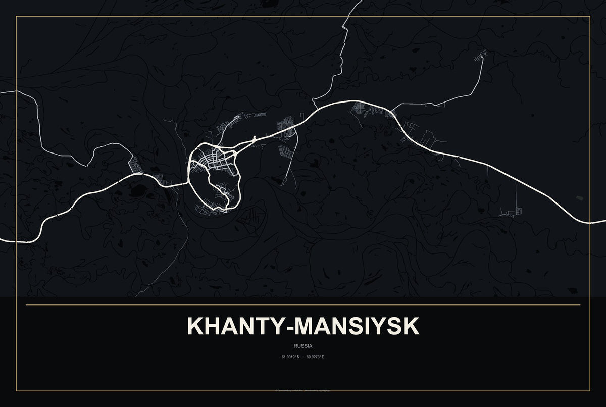 Khanty-Mansiysk, Russia City Map Aluminum Sign in Metropolitan Noir style