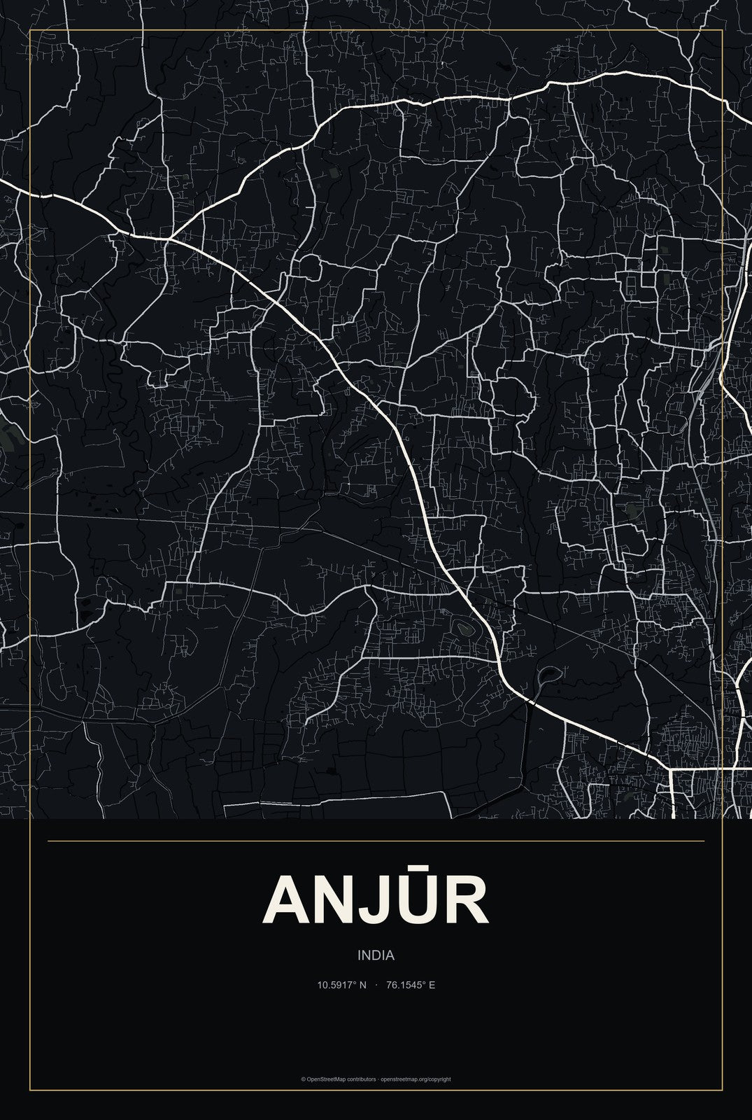 Anjūr, India City Map Aluminum Sign in Metropolitan Noir style