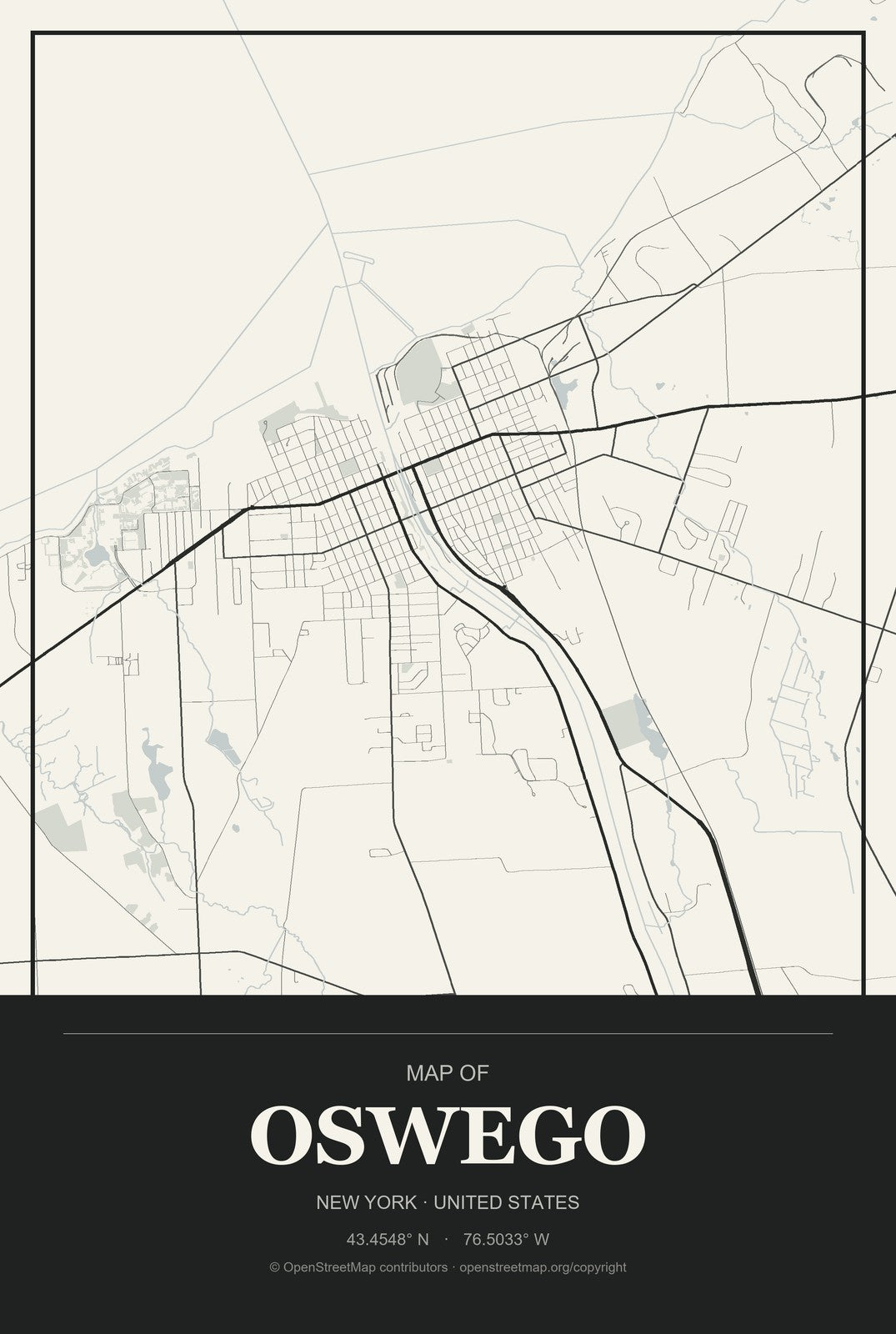 Oswego, New York City Map Aluminum Sign in Museum Plaque style