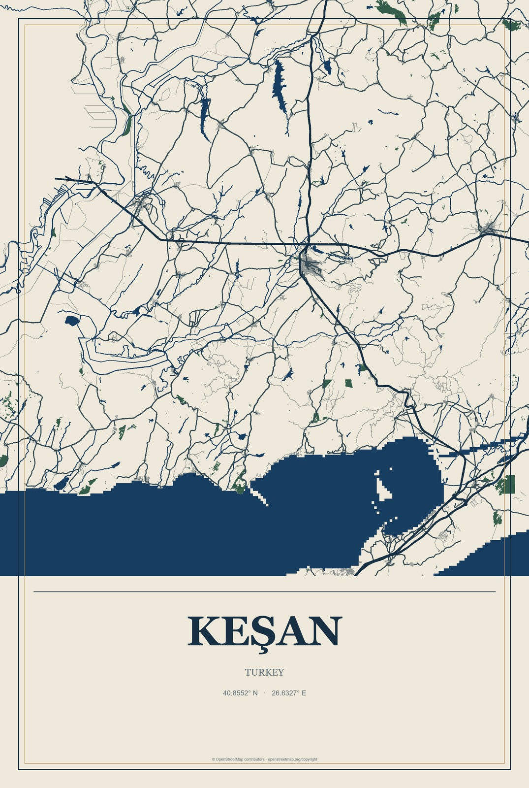 Keşan, Turkey City Map Aluminum Sign in Coastal Cutout style