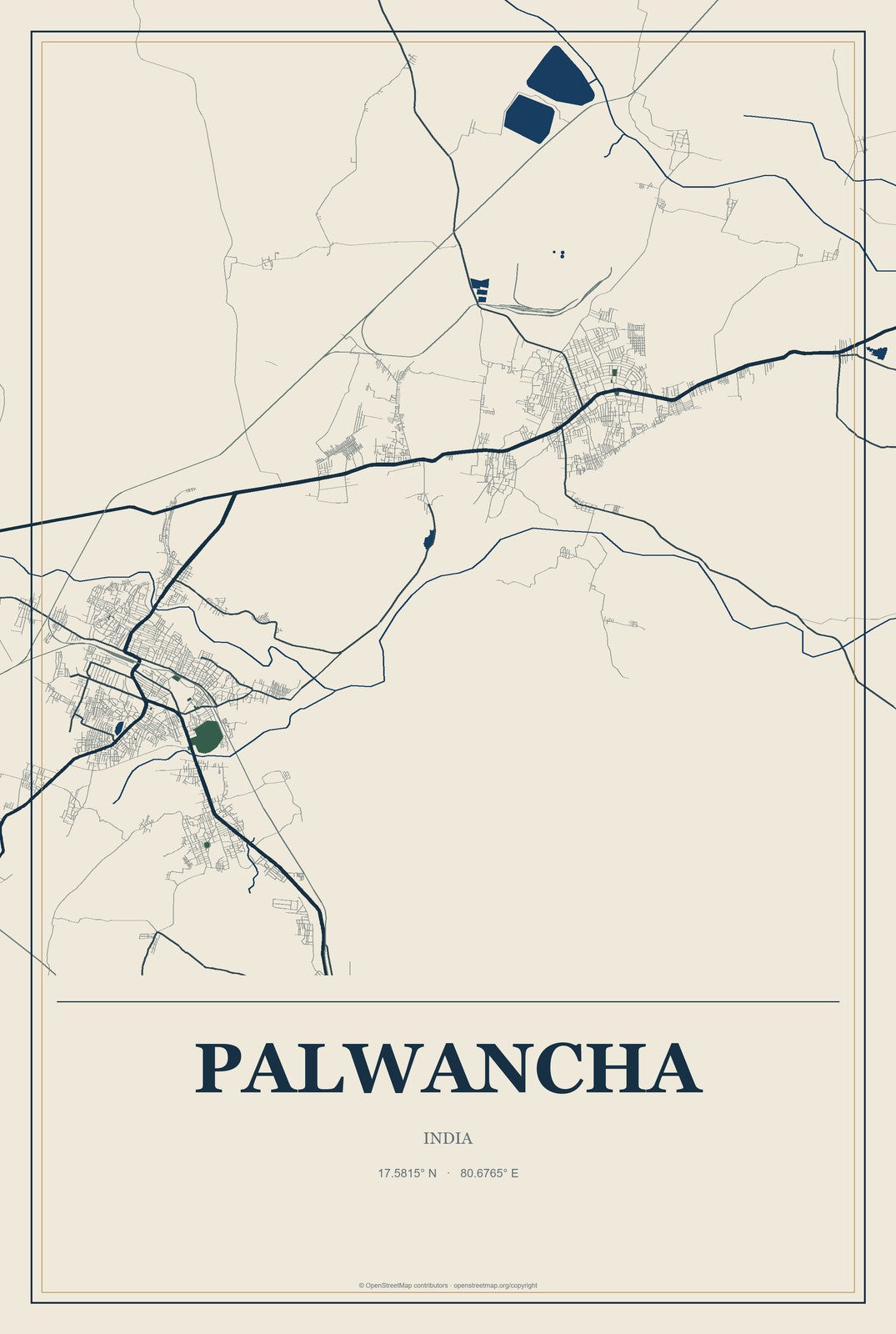 Palwancha, India City Map Aluminum Sign in Coastal Cutout style