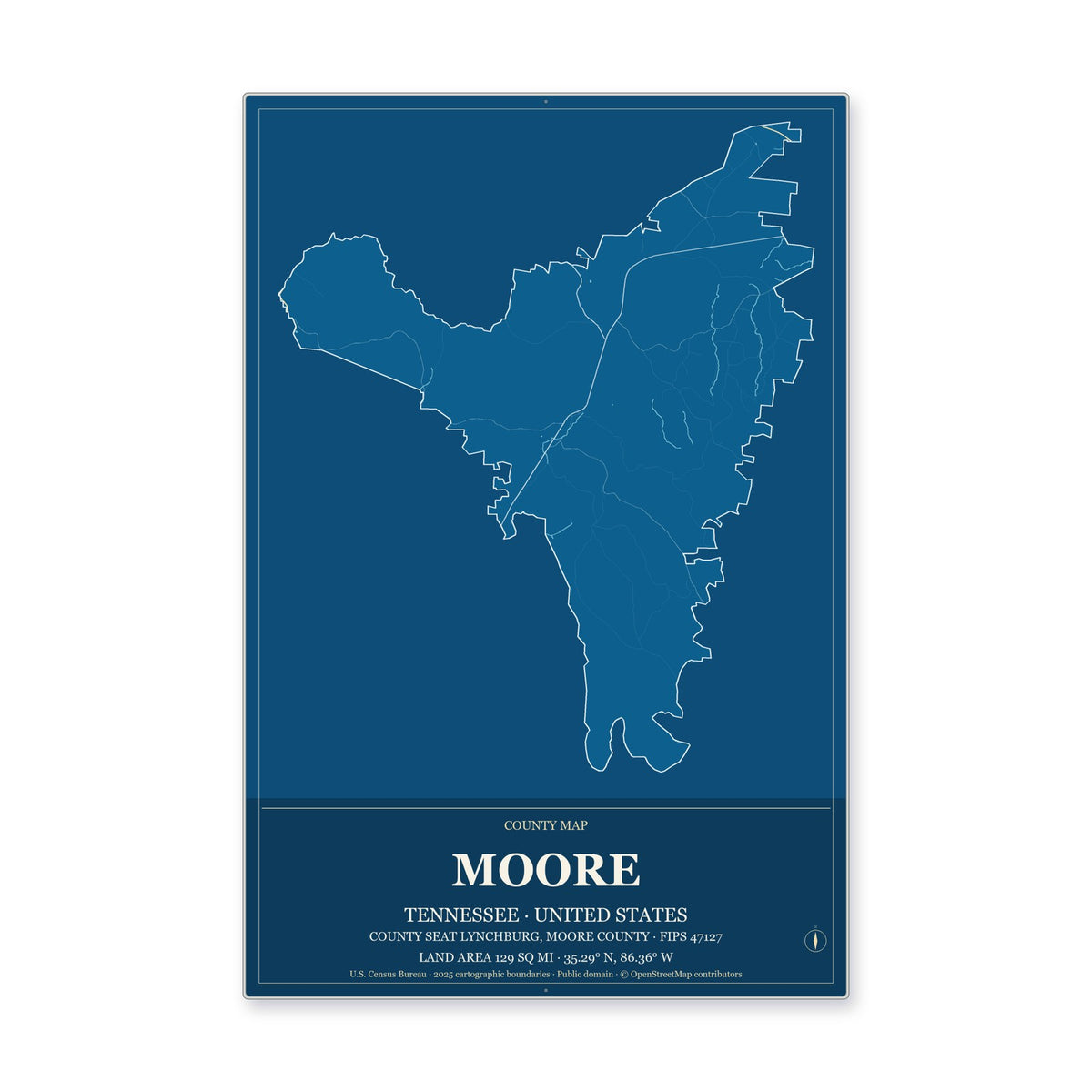 Moore County, Tennessee Map Aluminum Sign in Harbor Cobalt style