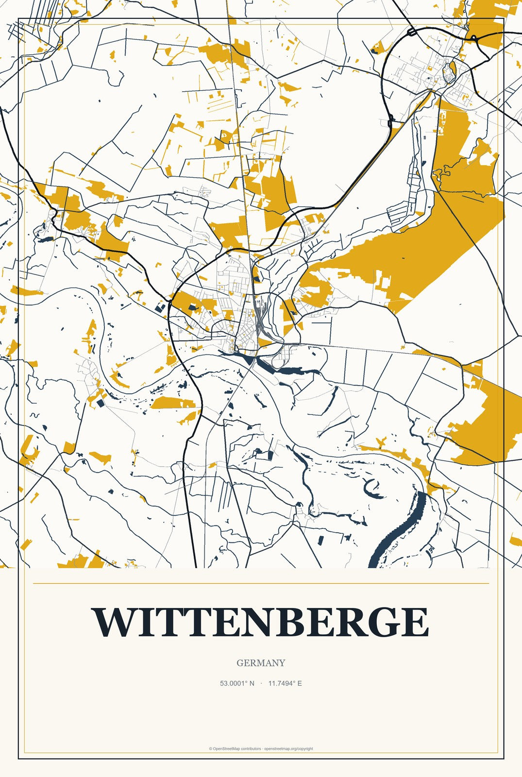 Wittenberge, Germany City Map Aluminum Sign in Citrine Modern style