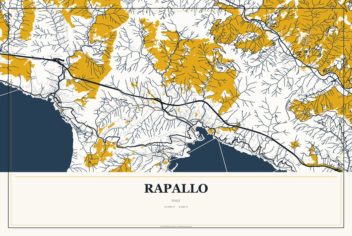 Rapallo, Italy City Map Aluminum Sign in Citrine Modern style