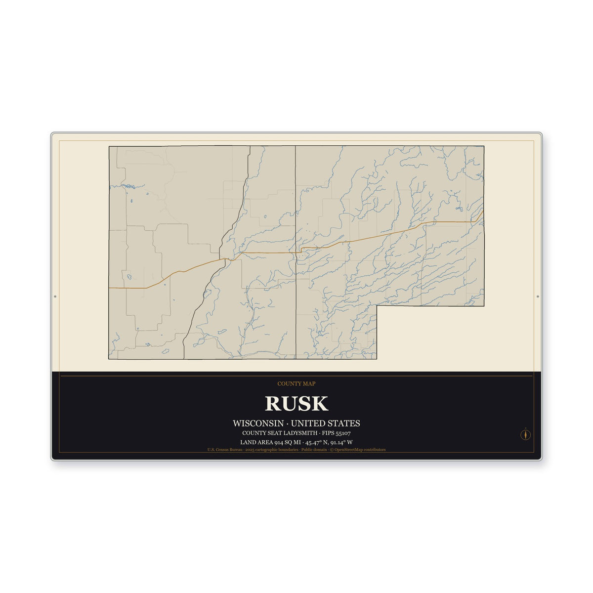 Rusk County, Wisconsin Map Aluminum Sign in Museum Plaque style