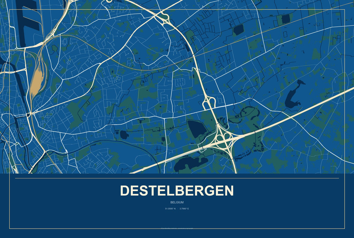 Destelbergen, Belgium City Map Aluminum Sign in Harbor Cobalt style
