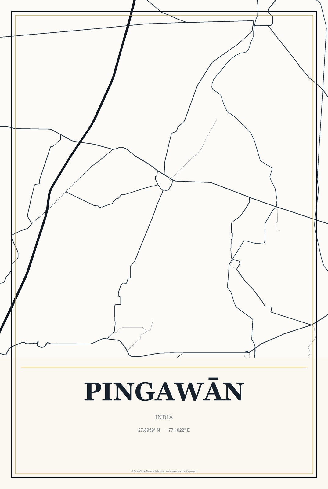 Pingawān, India City Map Aluminum Sign in Citrine Modern style
