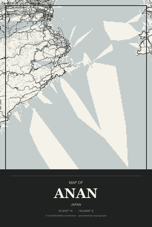 Anan, Japan City Map Aluminum Sign in Museum Plaque style