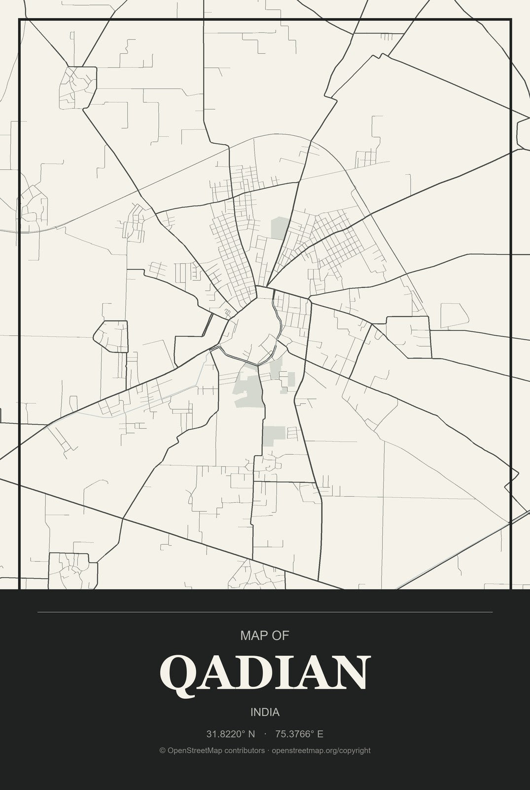 Qadian, India City Map Aluminum Sign in Museum Plaque style