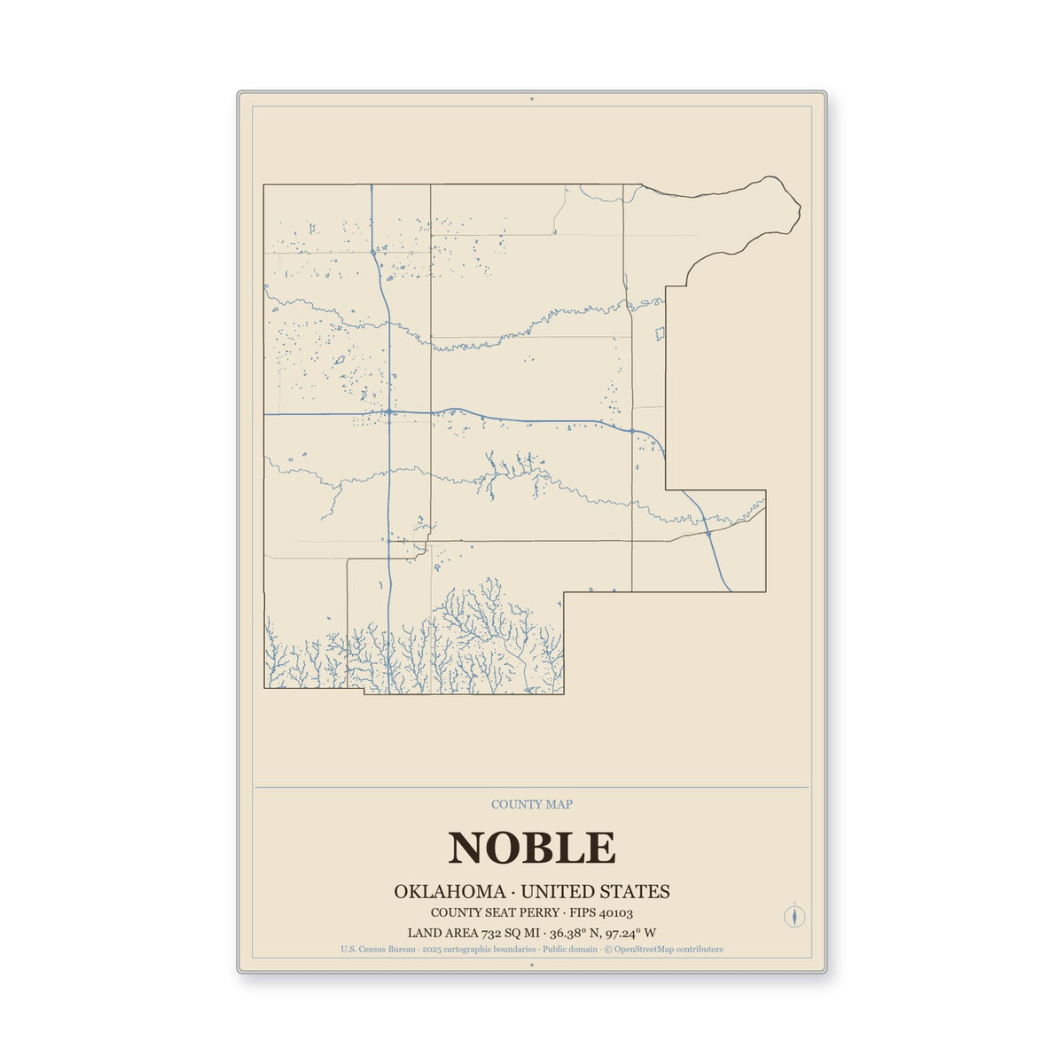 Noble County, Oklahoma Map Aluminum Sign in Heritage Nautical style
