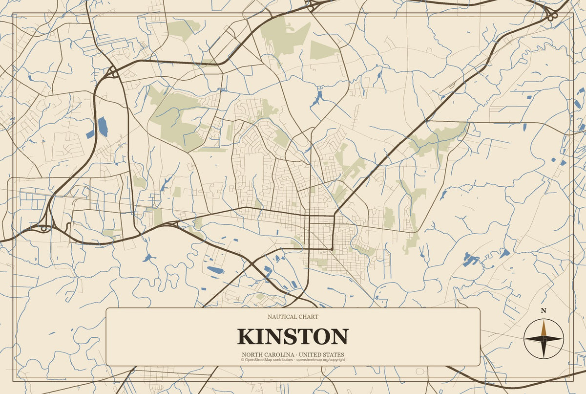 Kinston, North Carolina City Map Aluminum Sign in Heritage Nautical style