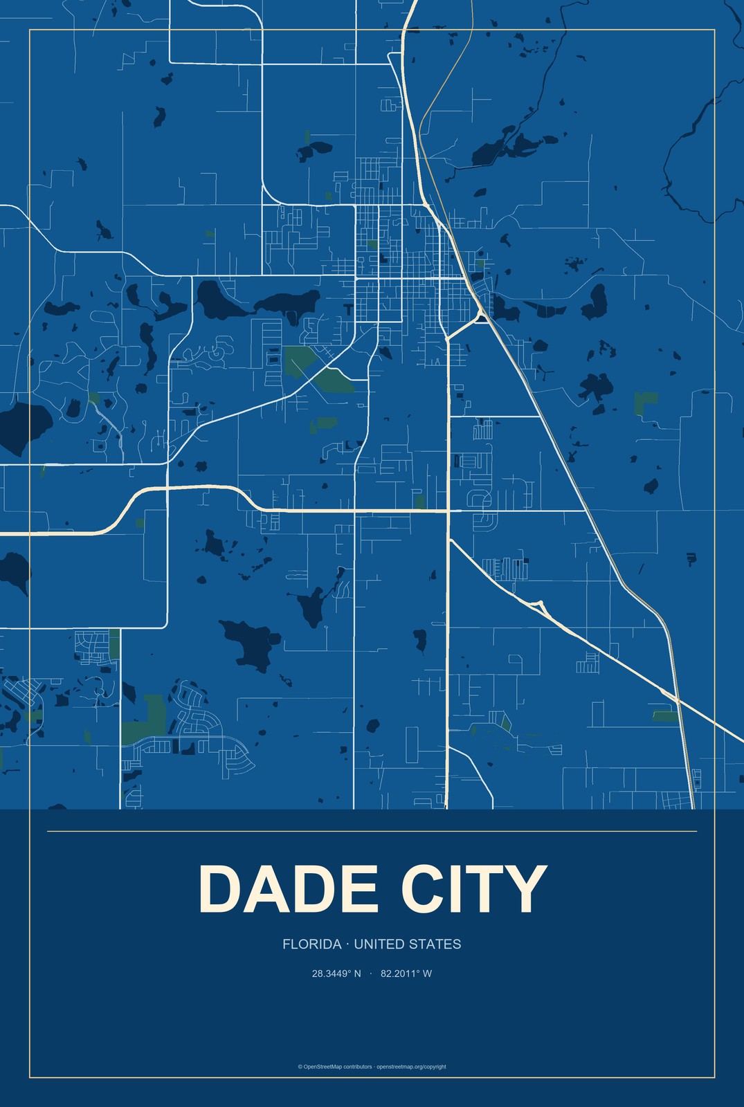 Dade City, Florida City Map Aluminum Sign in Harbor Cobalt style